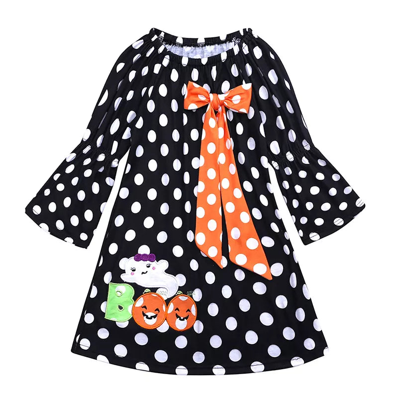 Children's Halloween Ghost Polka Dot Dress with Bow 