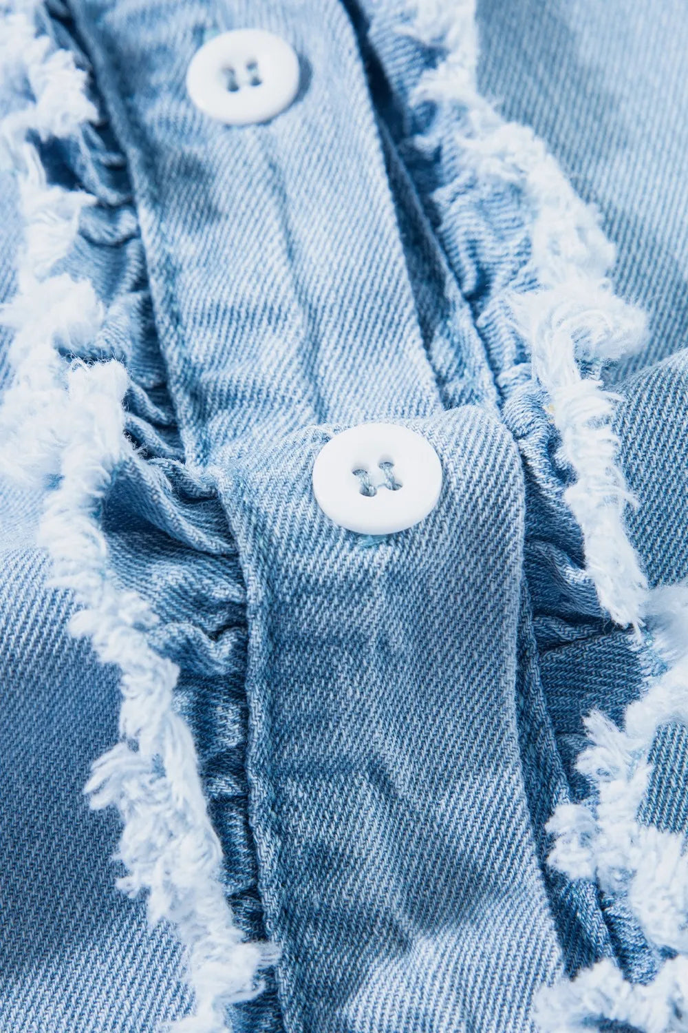 Button Down Raw Hem Ruffled Denim Shirt 