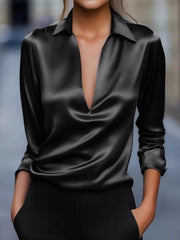 Satin Johnny Collar Long Sleeve Blouse 