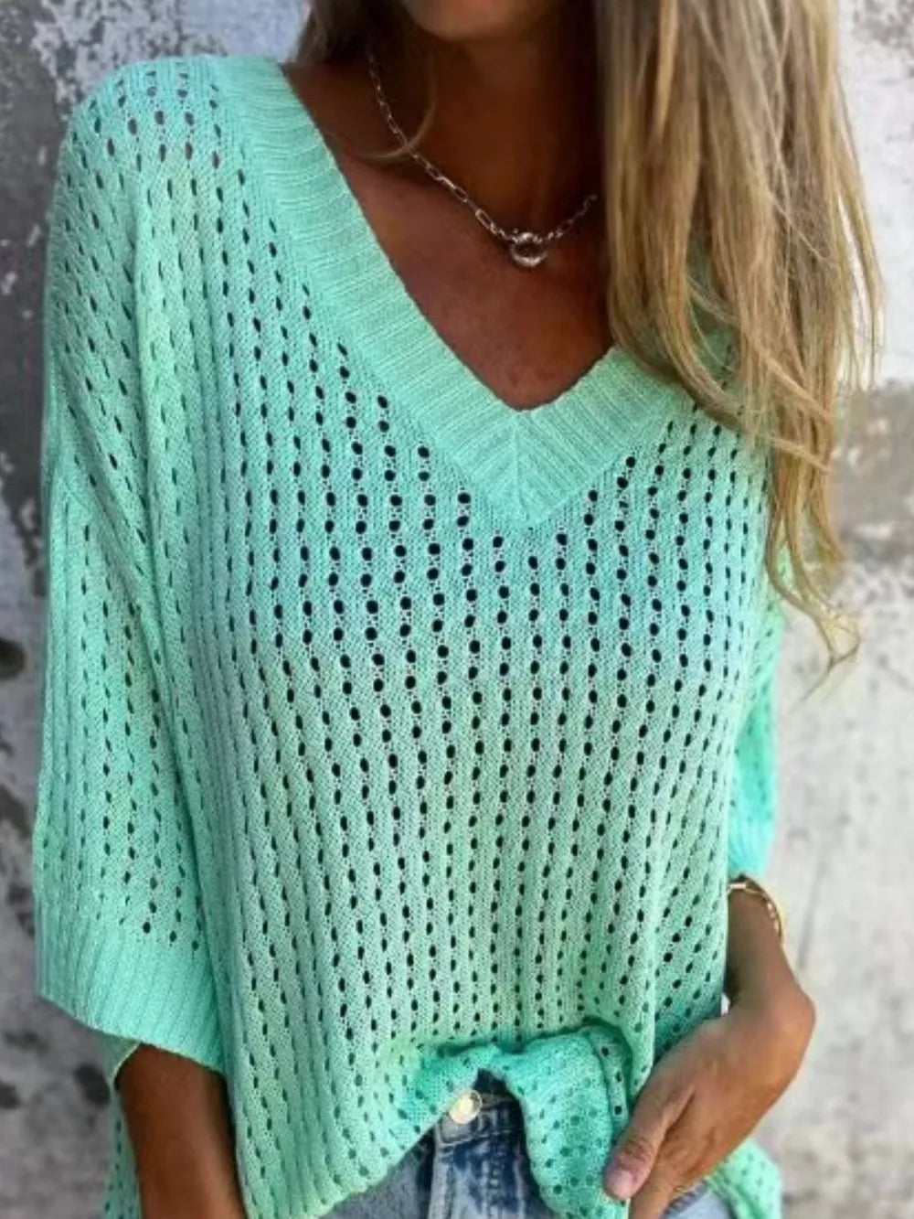 Full Size Openwork V-Neck Knit Cover Up Plus Size 