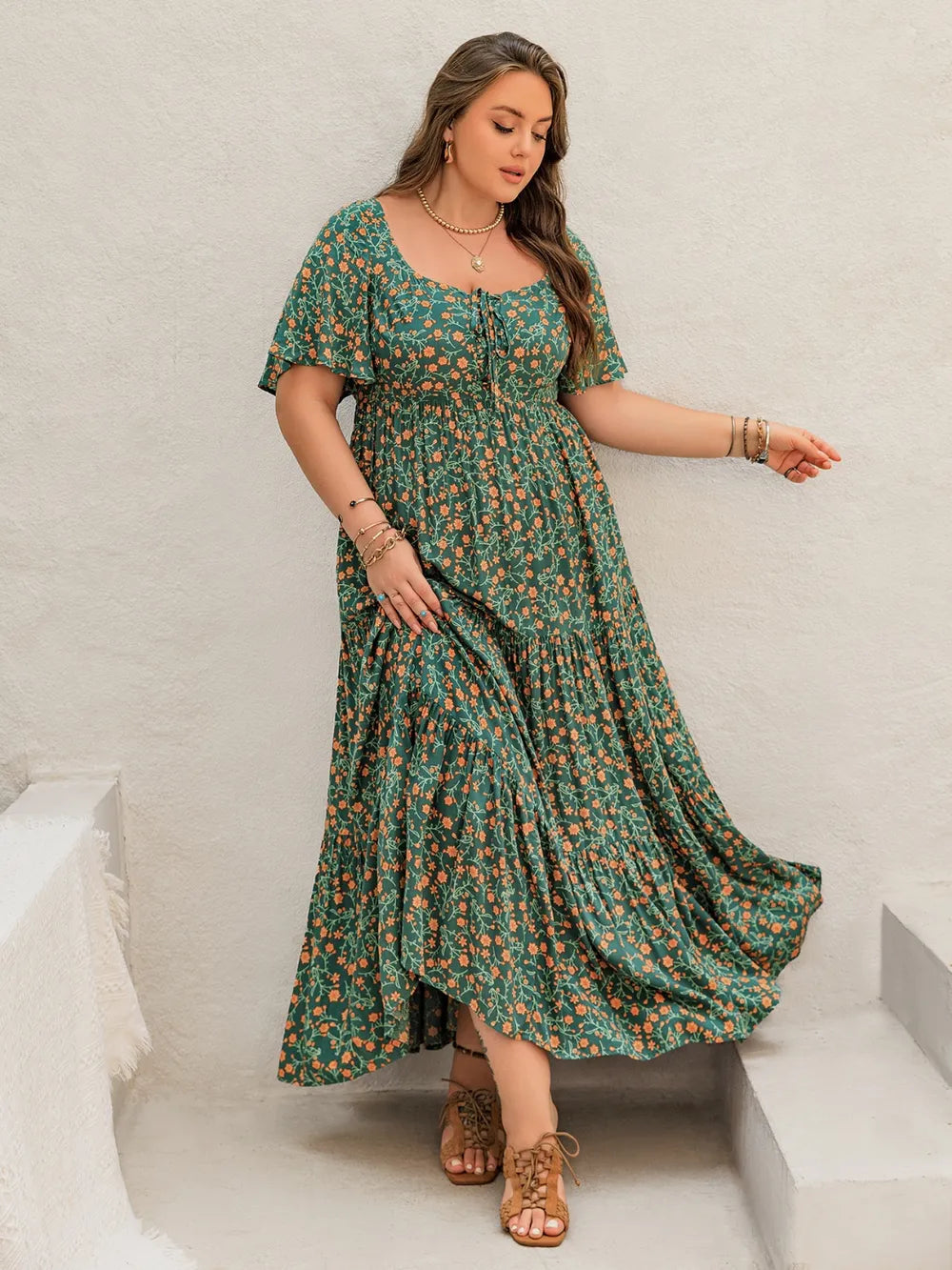 Plus Size Printed Short Sleeve Tiered Maxi Dress 