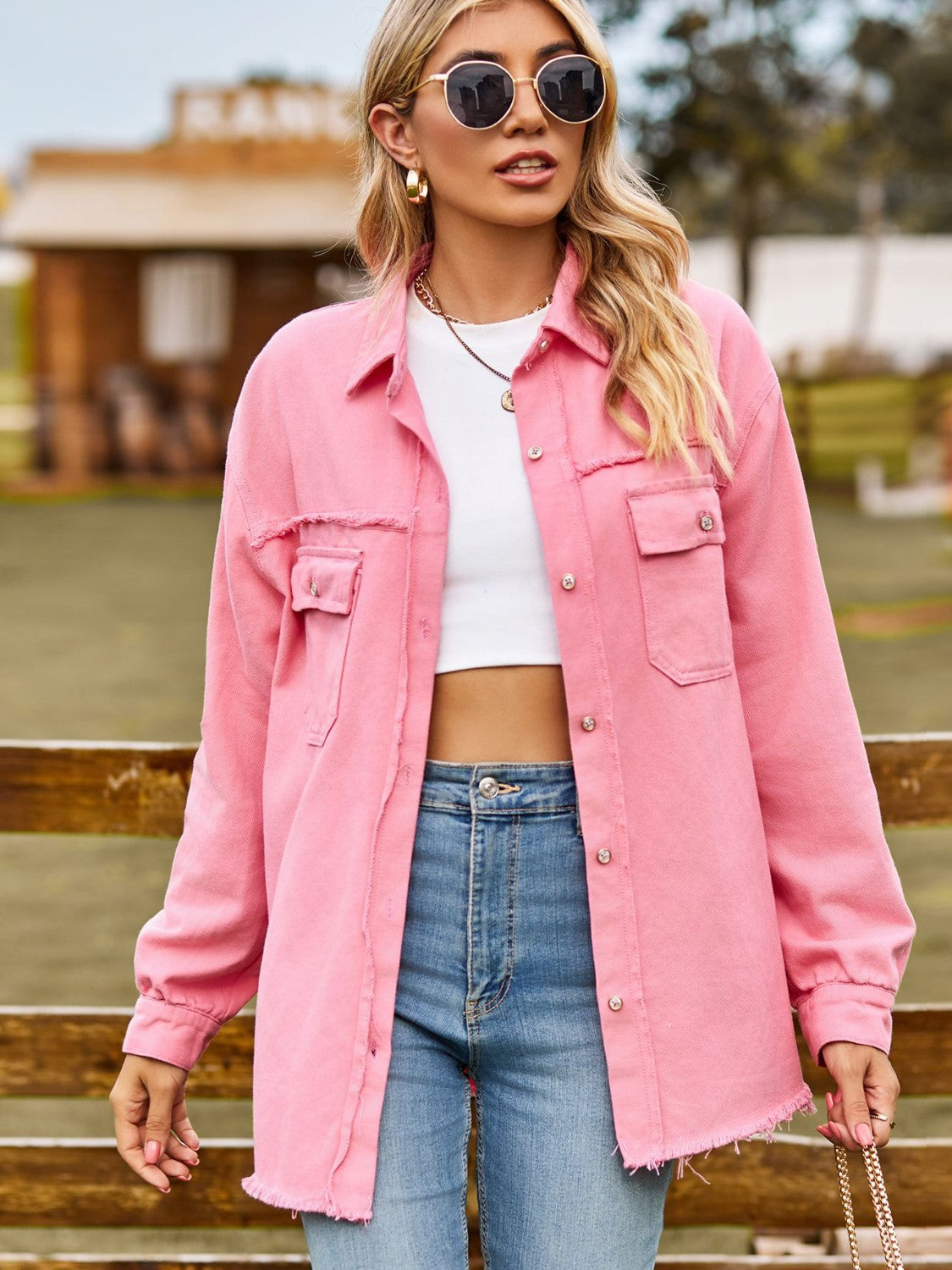 Button Up Collared Neck Raw Hem Denim Top 