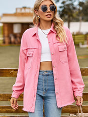 Button Up Collared Neck Raw Hem Denim Top 
