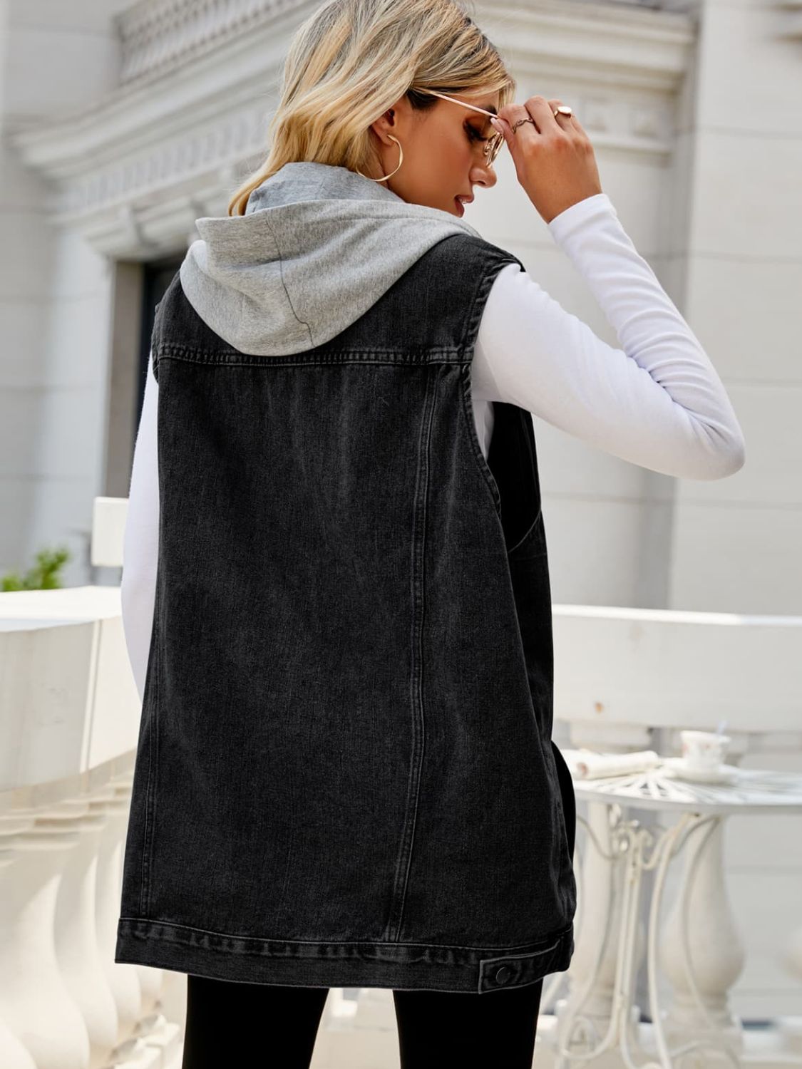 Drawstring Hooded Sleeveless Denim Top with Pockets 