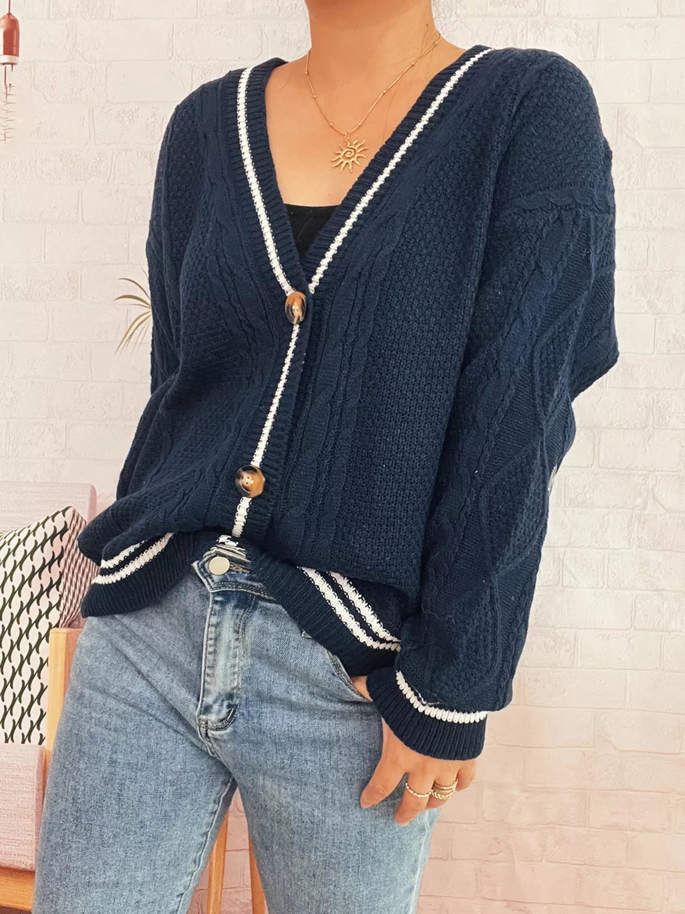 Star Pattern Button-Up Cardigan with Contrast Trim 
