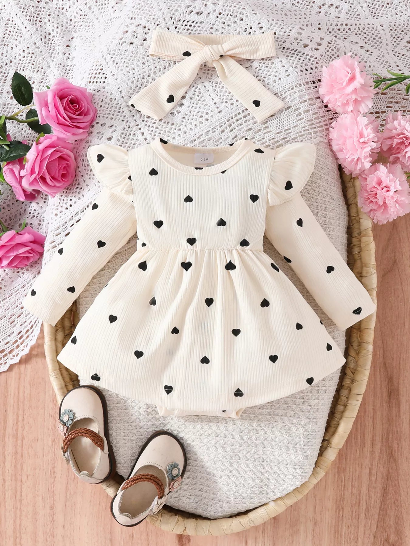 Children's Heart Print Ruffle Trim Bodysuit Dress with Headband 