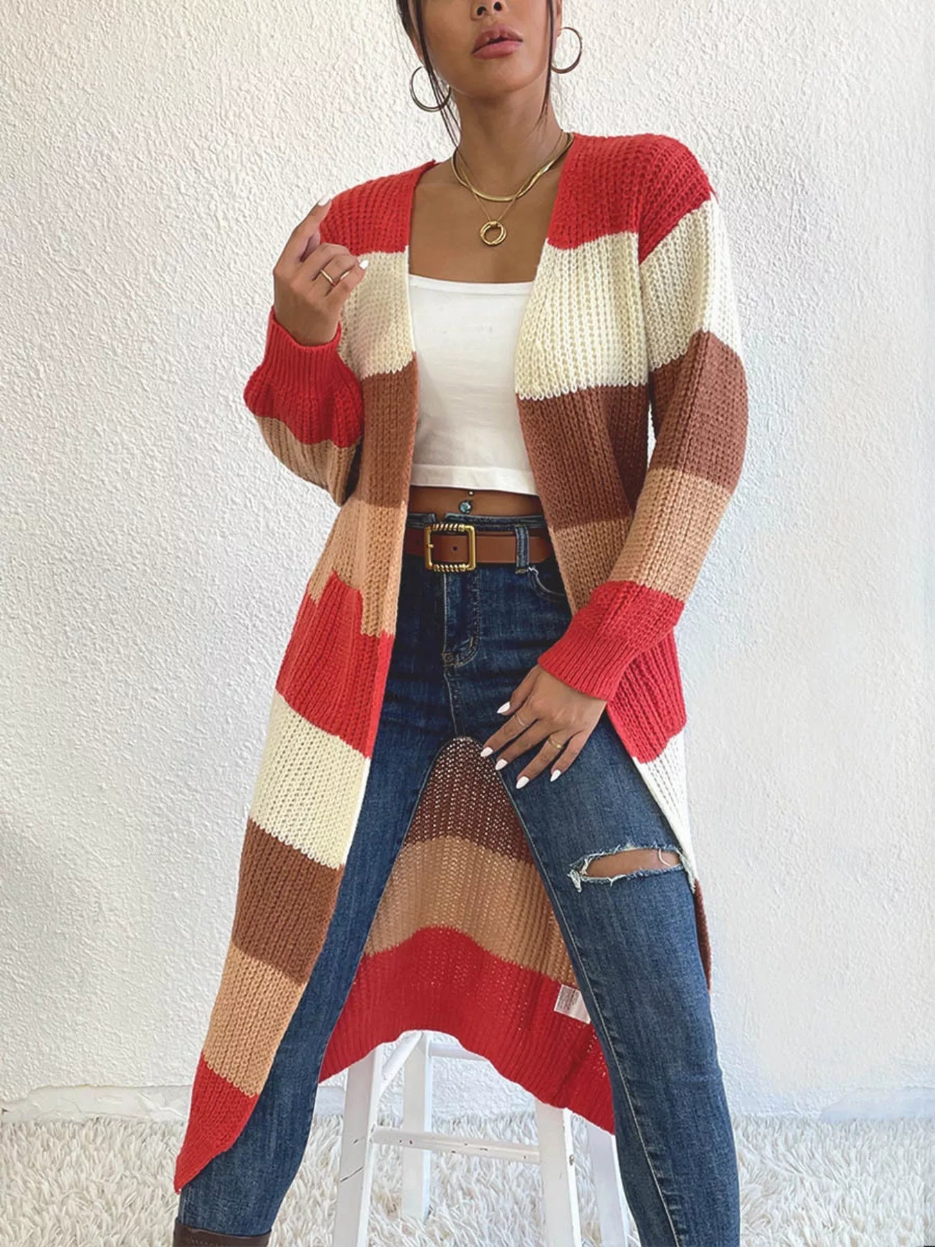 Striped Color Block Open Front Knit Cardigan 