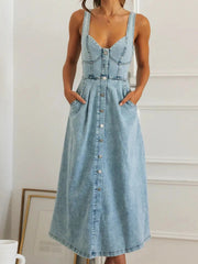 Sweetheart Neck Button-Front Midi Denim Dress 