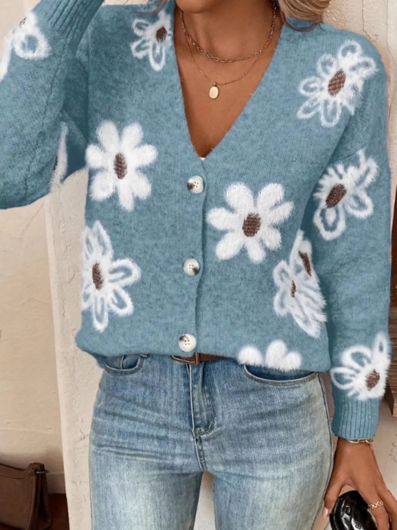 Floral Print Button-Up Knit Cardigan 