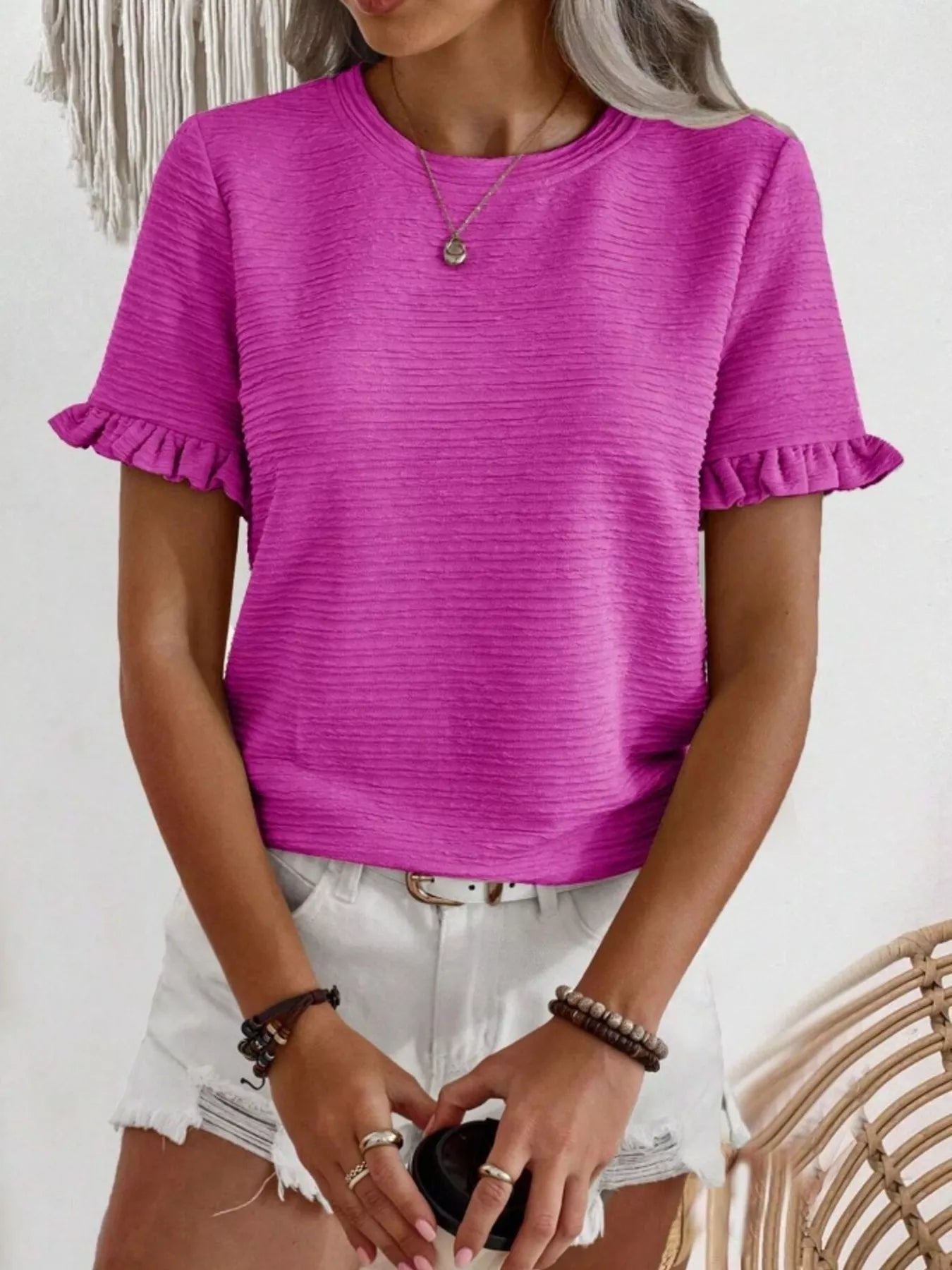 Textured Ruffle Sleeve Round Neck T-Shirt 
