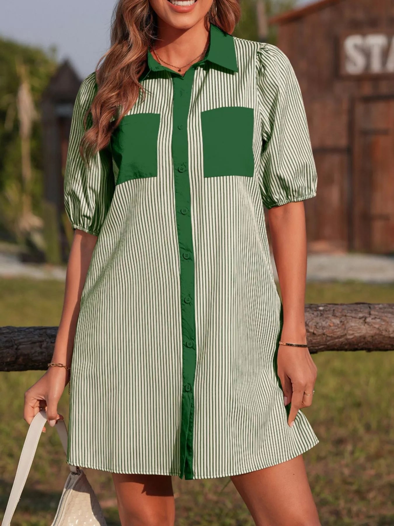 Stripe Color Block Patchwork Shirt Collar Button Down Puff Sleeve Mini Dress 