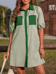 Stripe Color Block Patchwork Shirt Collar Button Down Puff Sleeve Mini Dress 