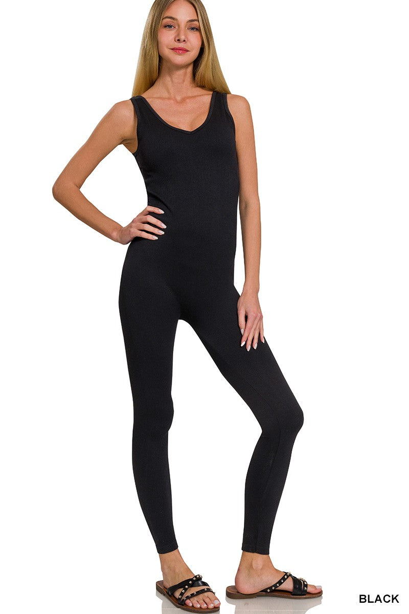 Zenana Ribbed Bra Padded Sports Seamless Bodysuit 