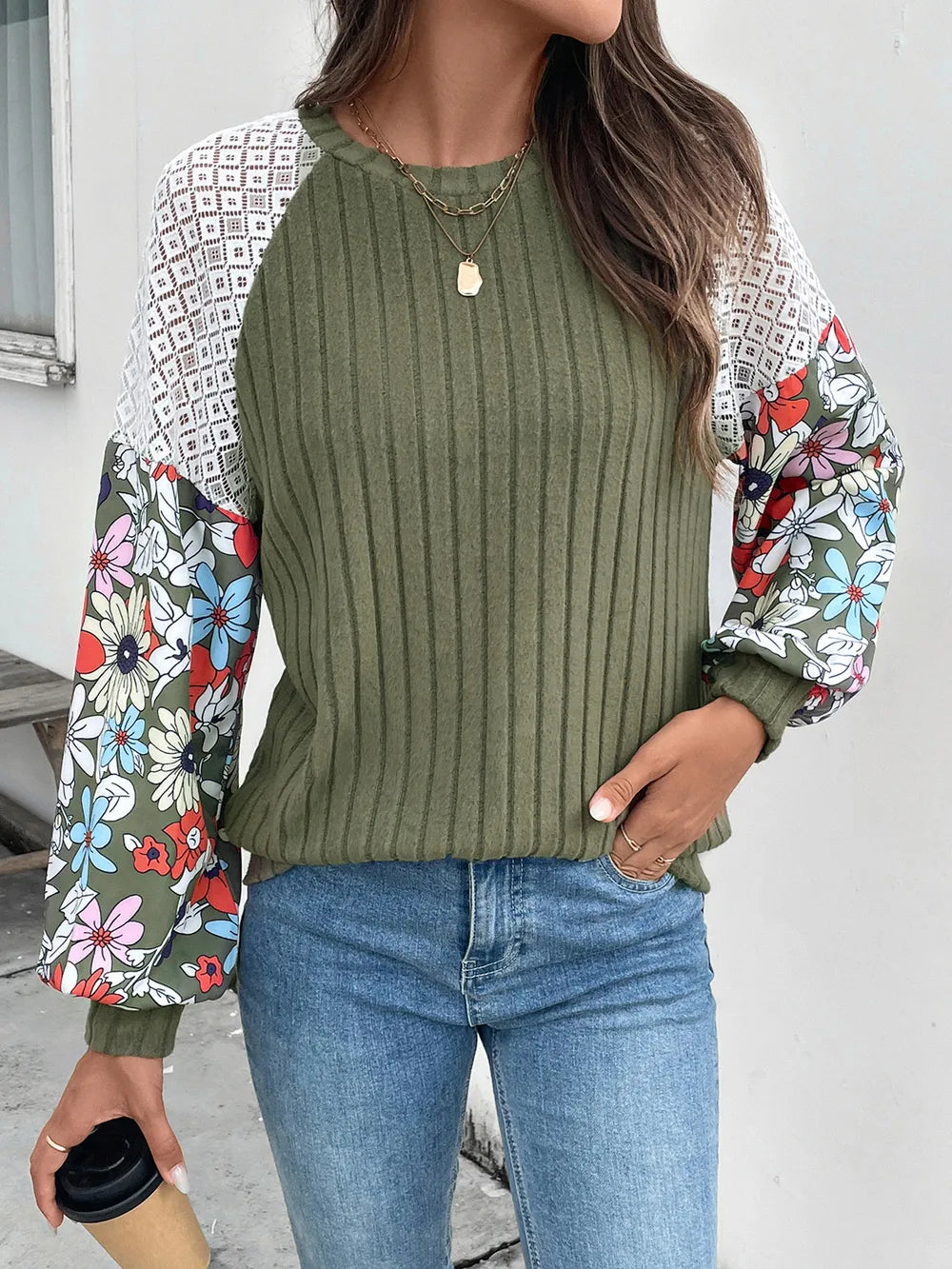 Perfee Printed Round Neck Long Sleeve Knit Top 