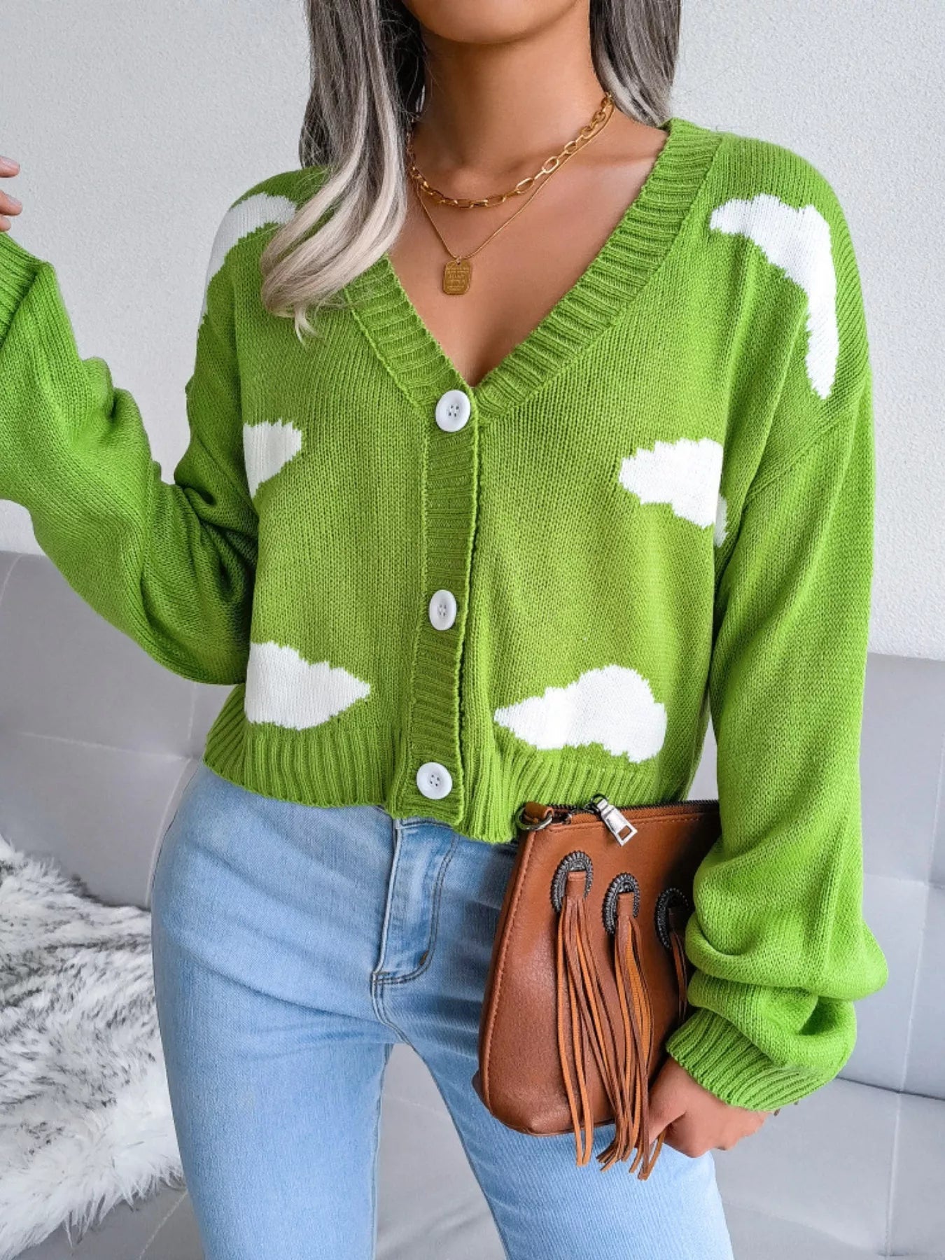 Cloud Pattern Button-Up Cropped Cardigan 