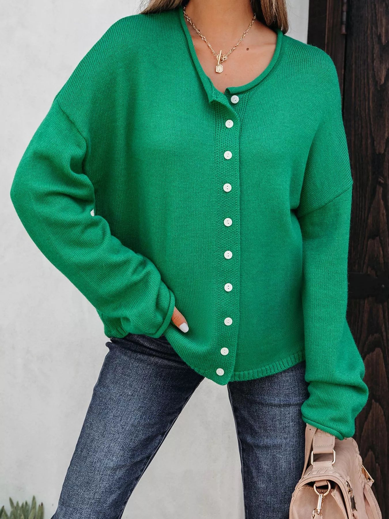 Solid Color Knit Button Drop Shoulder Sweater Cardigan 