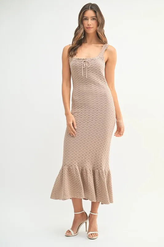 MABLE Ruffled Hem Sleeveless Crochet Knit Midi Dress 