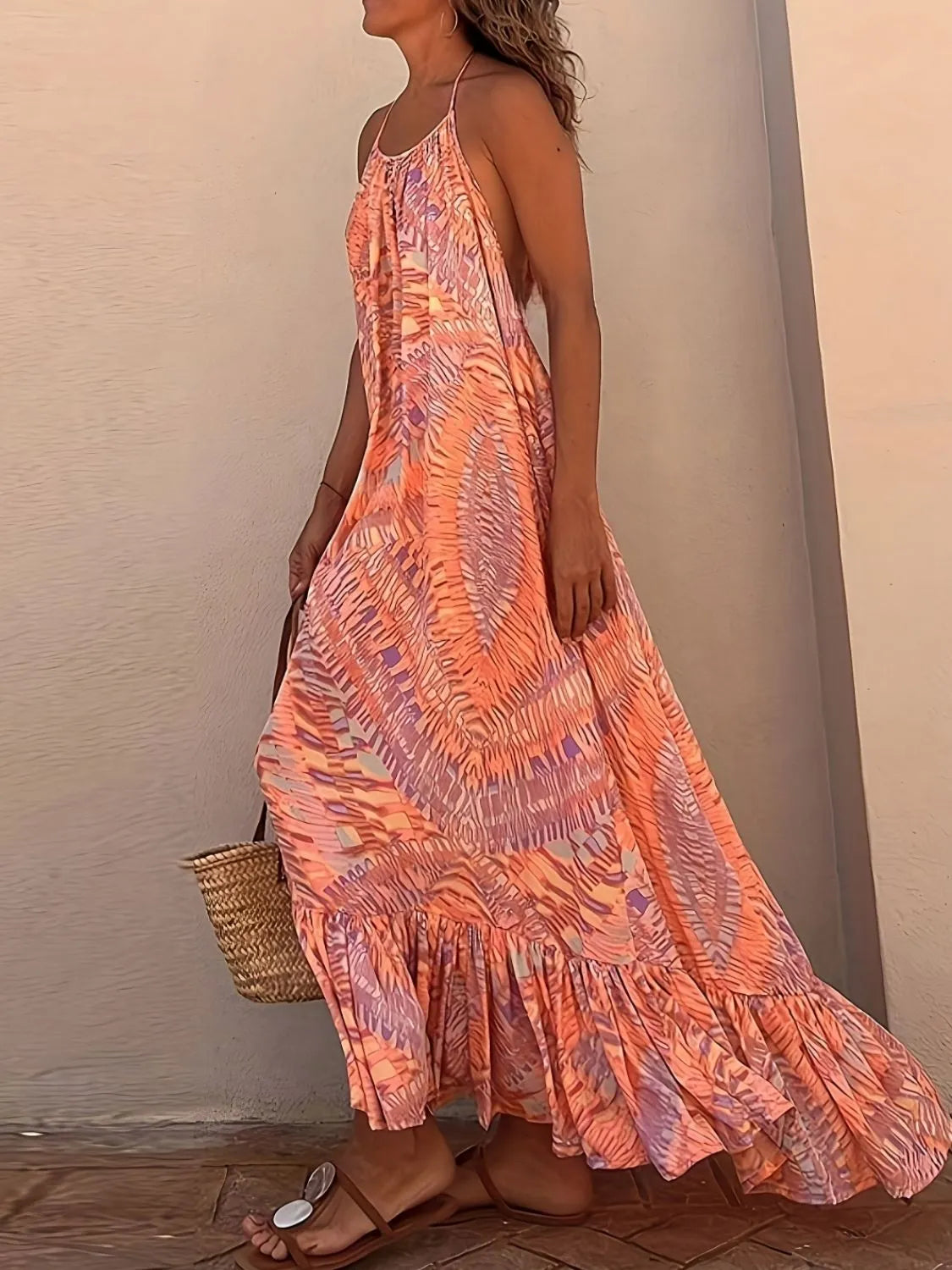 Backless Printed Halter Neck Maxi Cami Dress 
