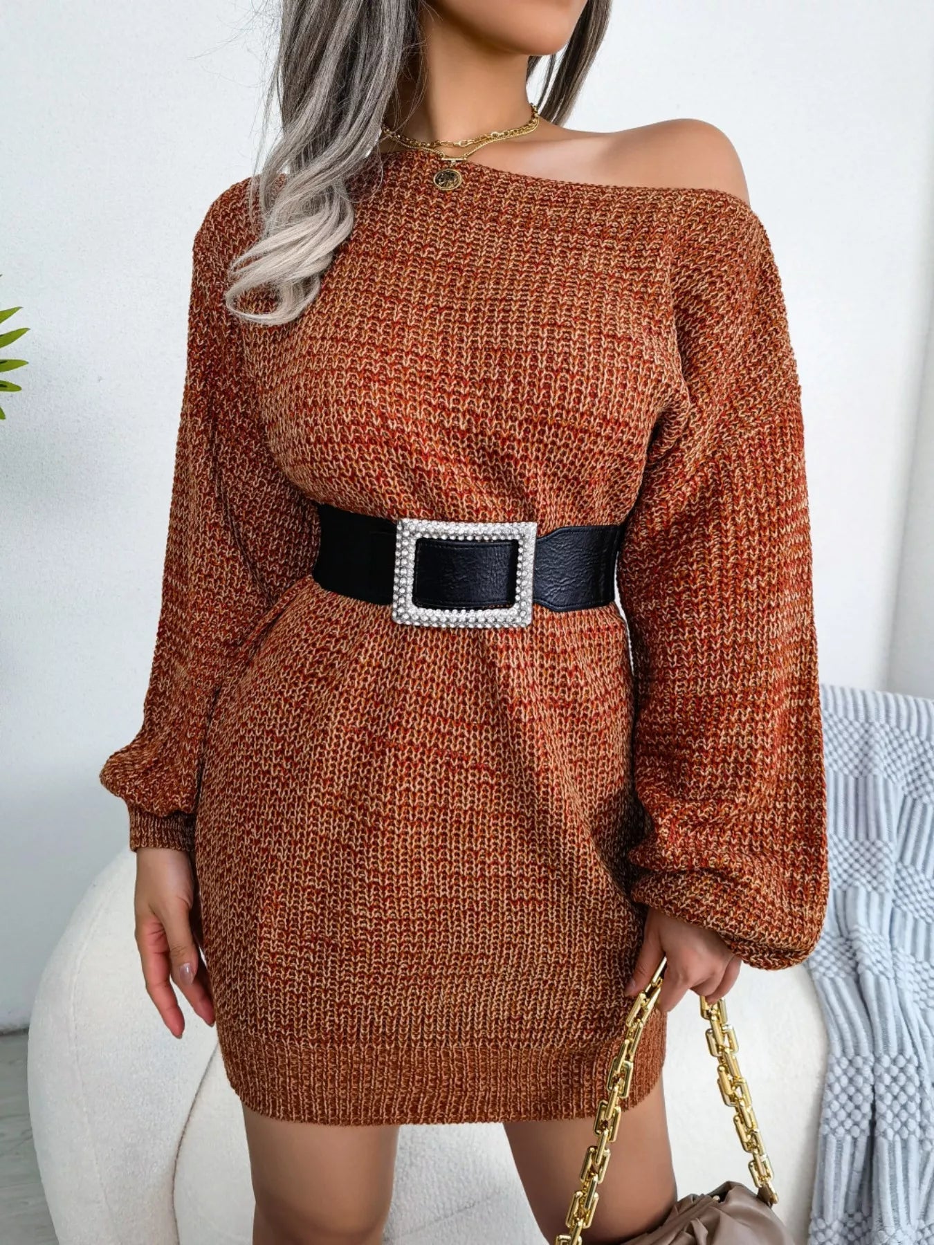 Multi-Color One-Shoulder Sweater Dress 