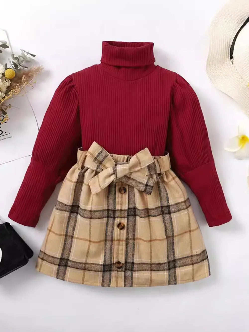 Turtleneck Long Sleeve Top and Skirt Set 