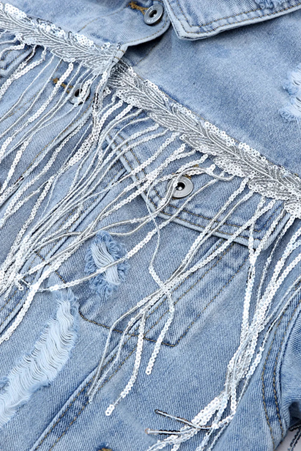 Sequin Fringe Trim Distressed Button Up Denim Jacket 