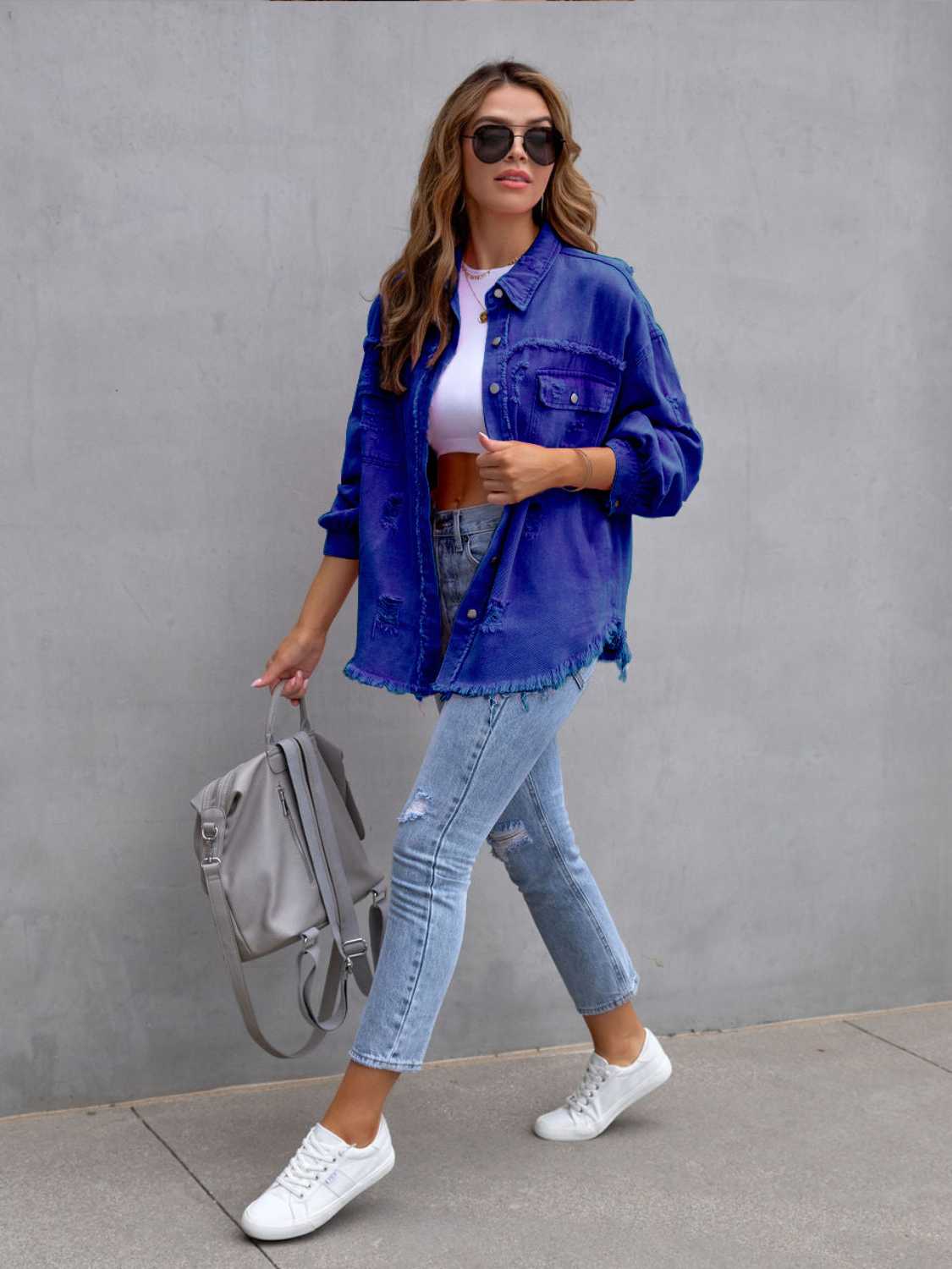 Distressed Drop Shoulder Denim Jacket 