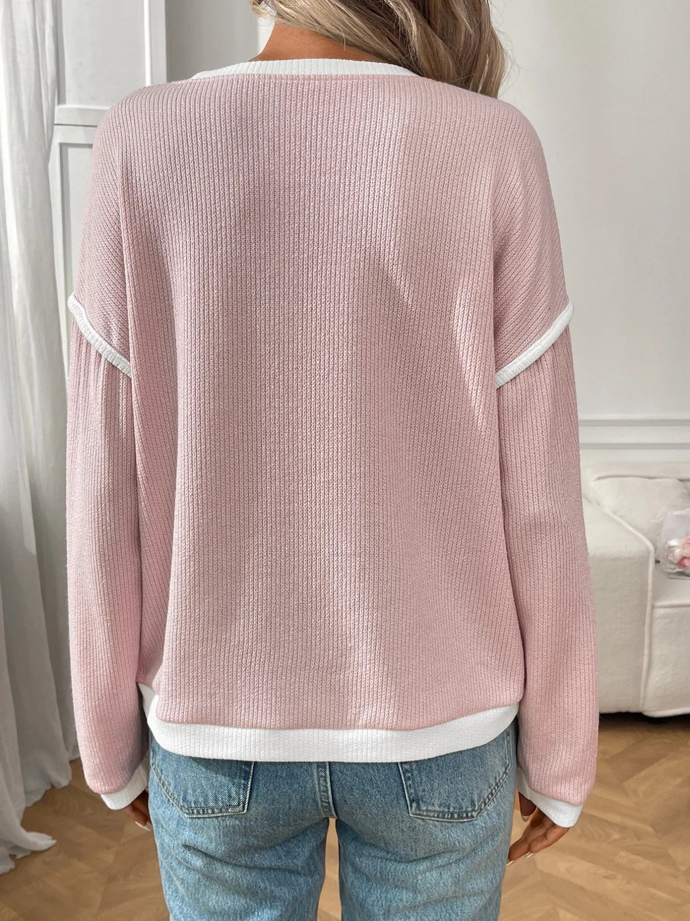 Ribbed Contrast Trim Long Sleeve Top 