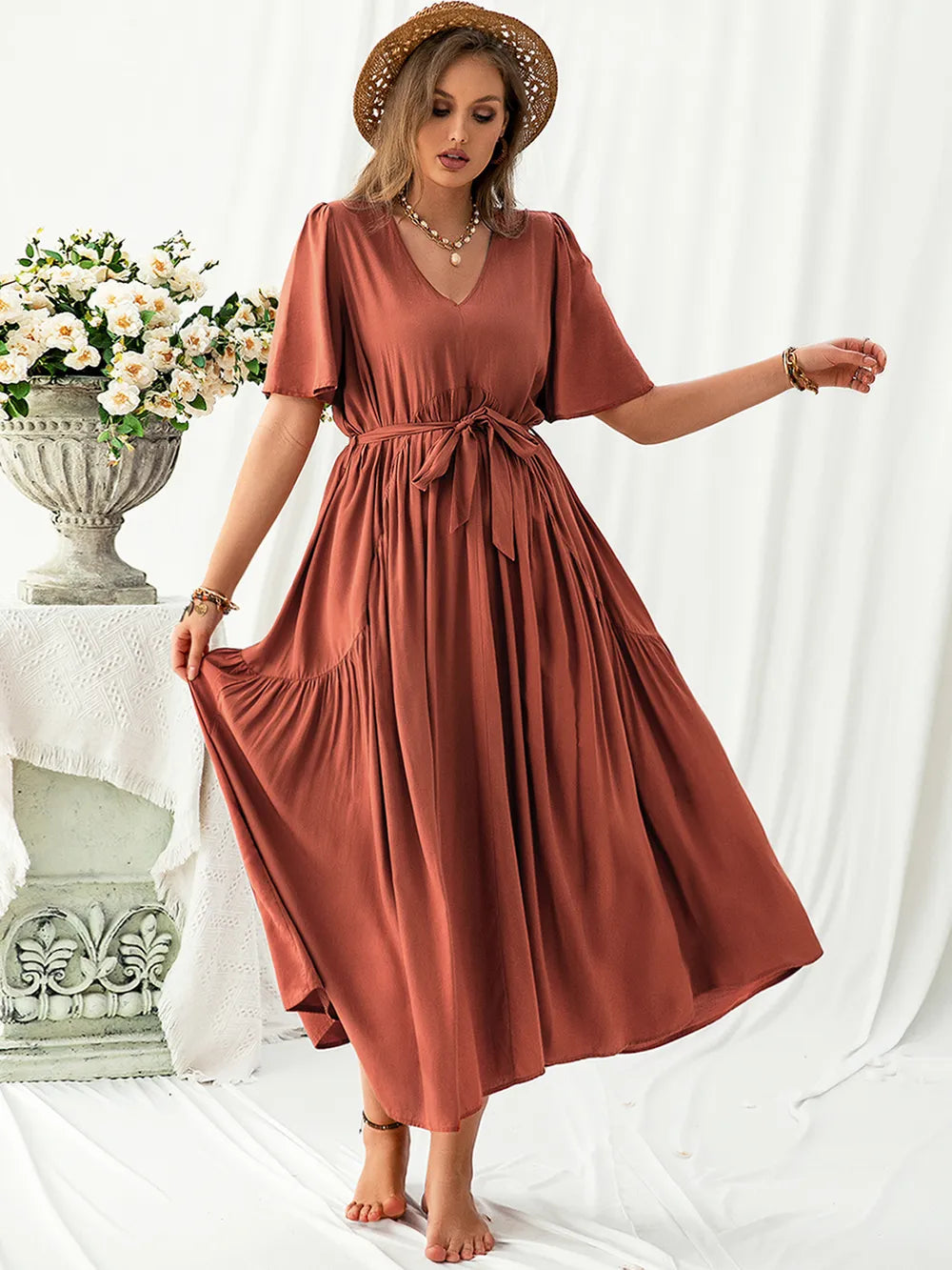 Plus Size V-Neck Flutter Sleeve Midi Dress 