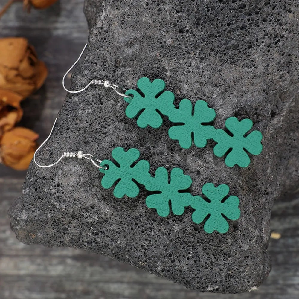 Lucky Clover Wooden Dangle Earrings 