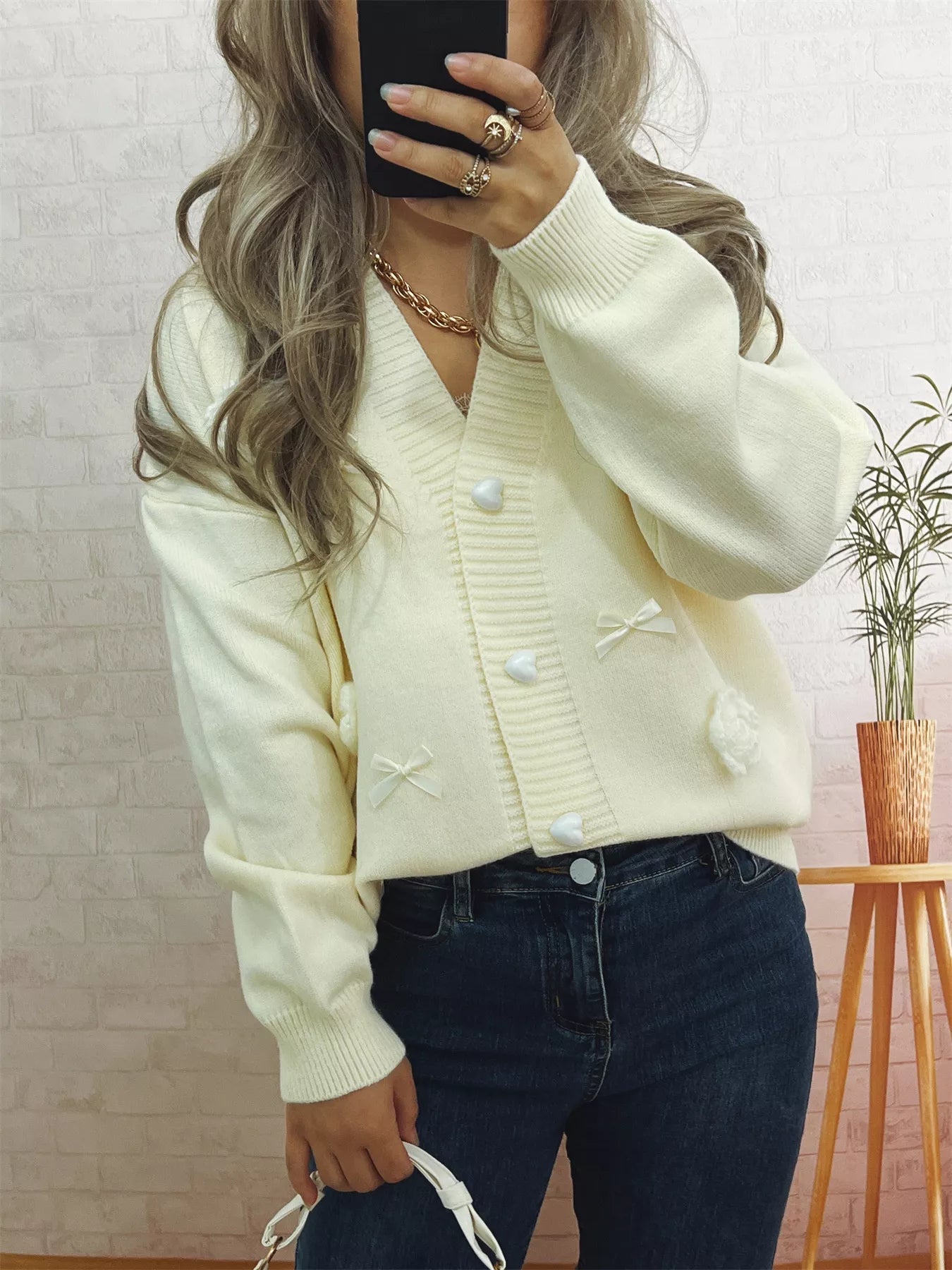 Flower Heart Button Long Sleeve Cardigan 