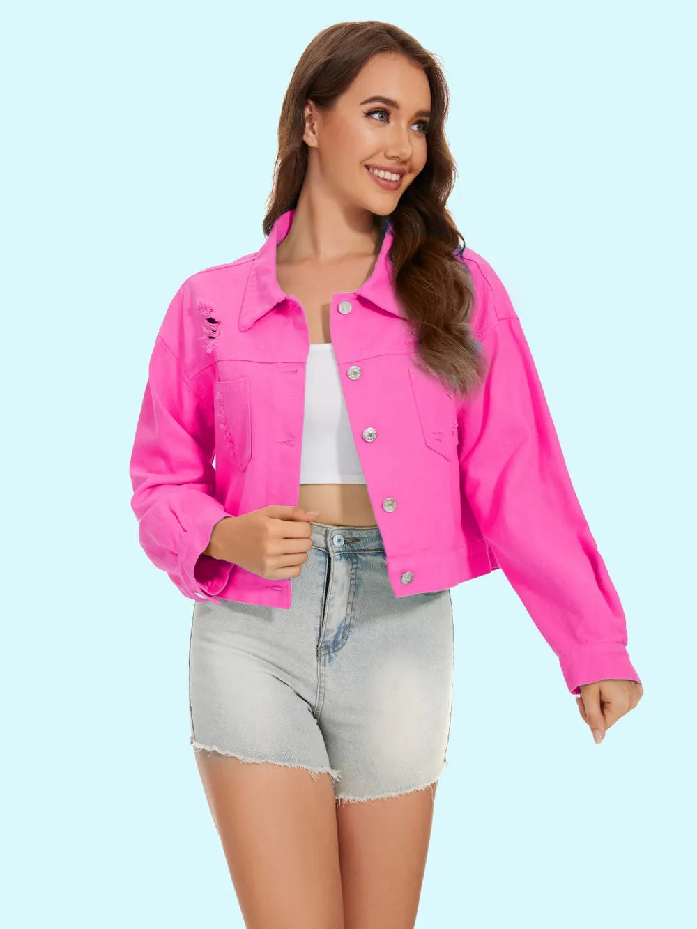 Distressed Distressed Button Up Denim Jacket 