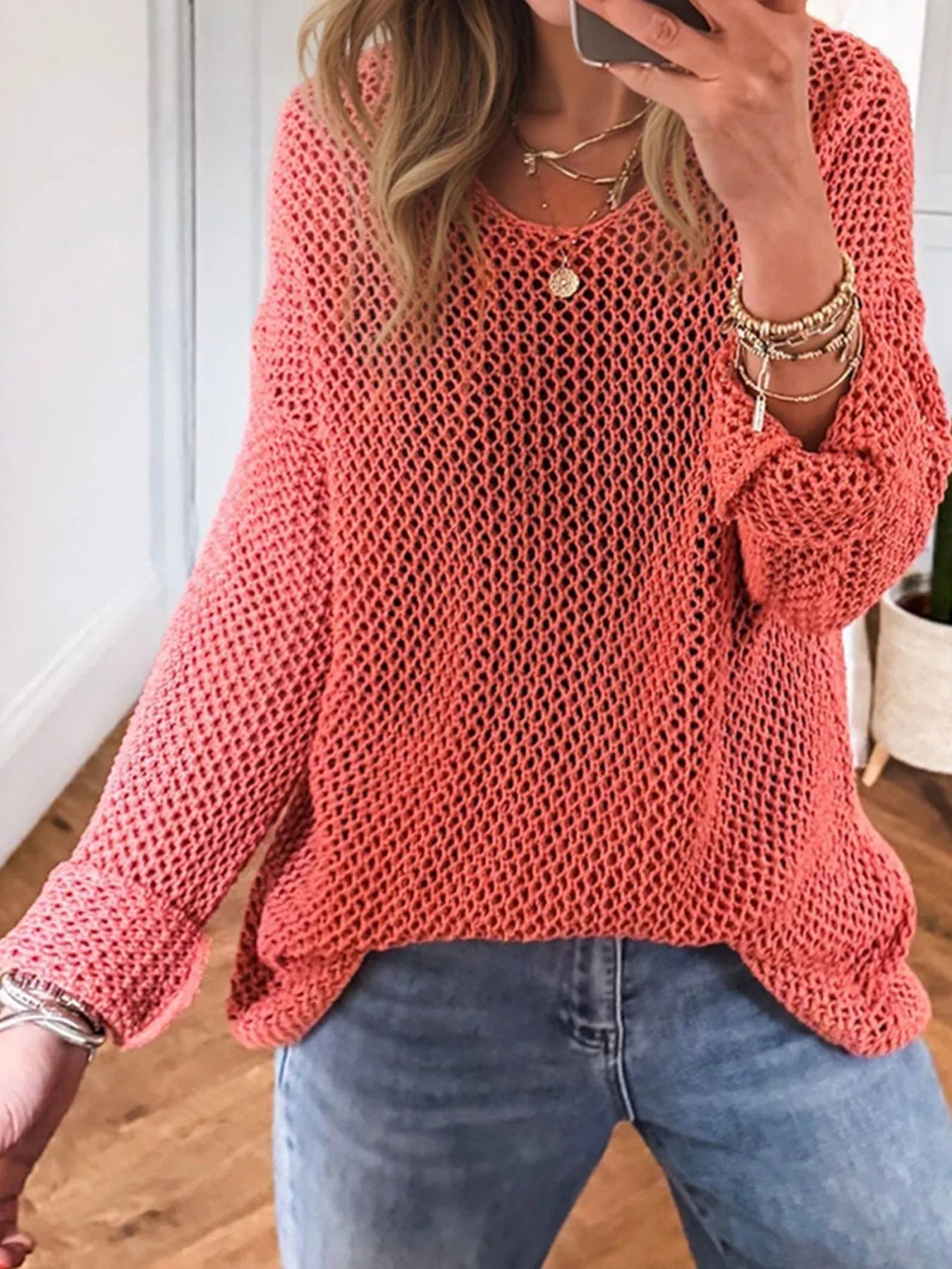 Crochet Hollow Out Long Sleeve Knit Top 