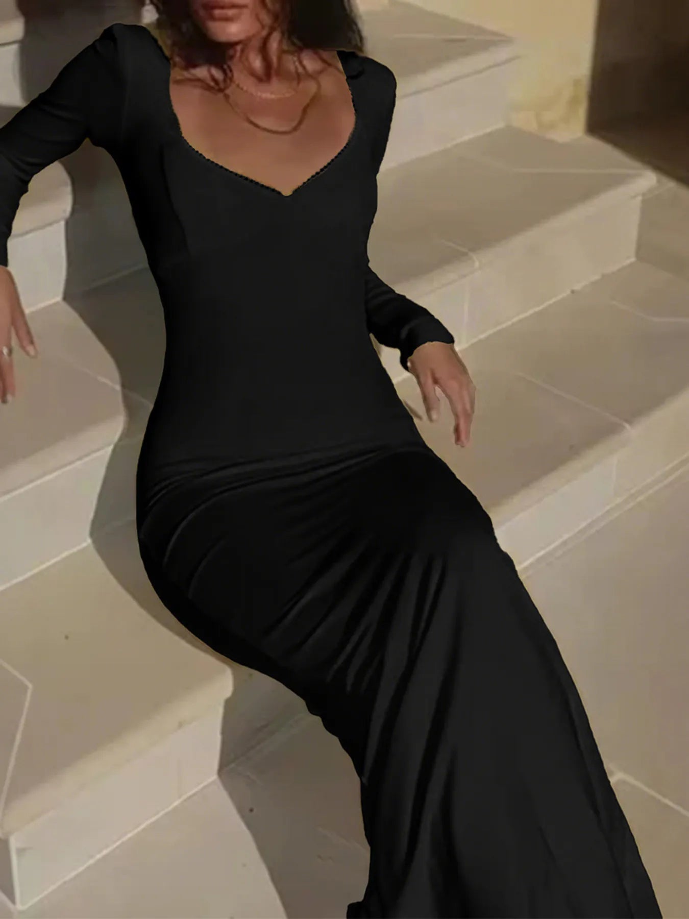 Deep-V Long Sleeve Slim Maxi Dress 