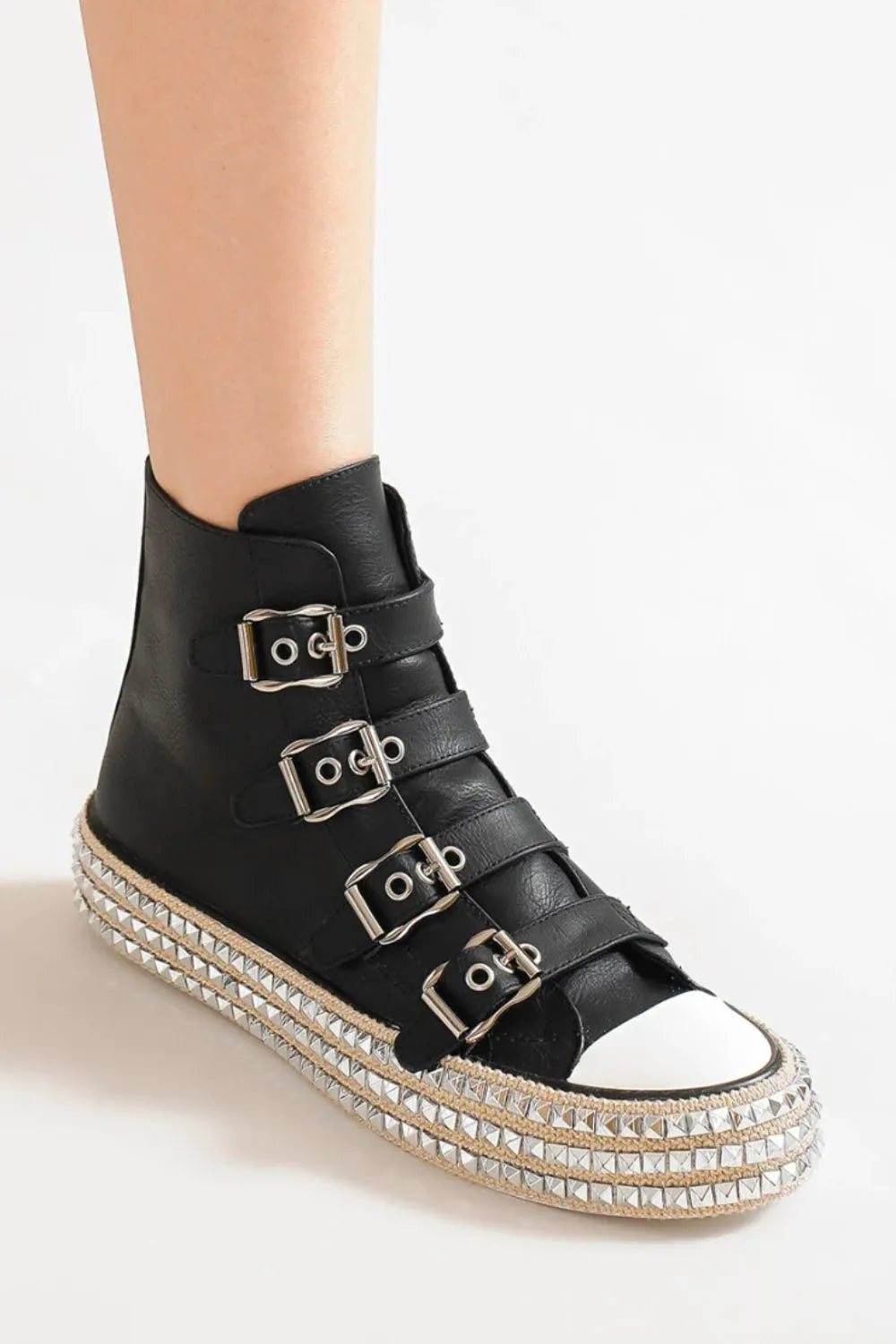 Beast Fashion Multi-Buckle Straps Studded Platform Sneakers 