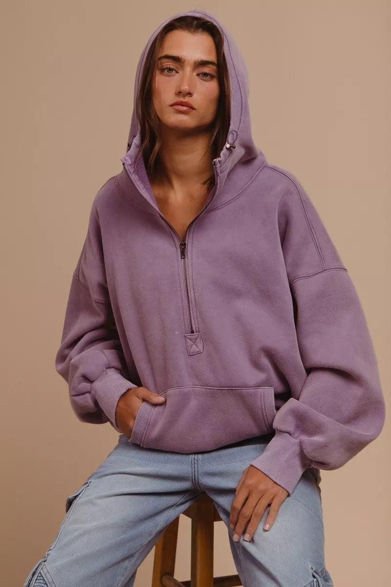 BiBi Stitch Detailed Elastic Hem Half Zip Fleece Hoodie 