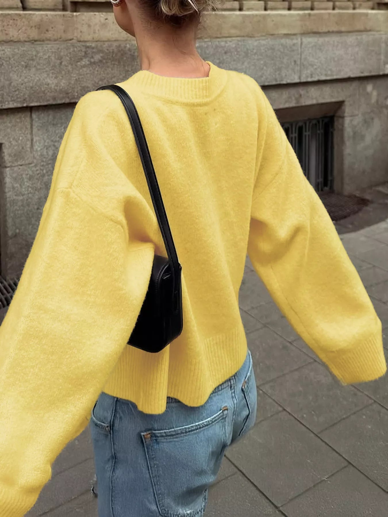 Ribbed Round Neck Dropped Shoulder Sweater 