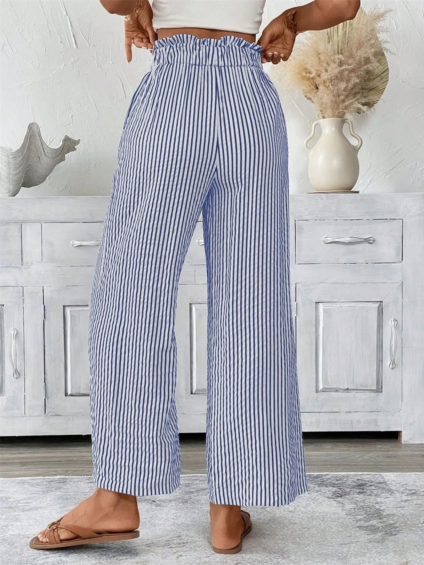 Full Size Striped Wide Leg Paper Bag Pants Plus Size 