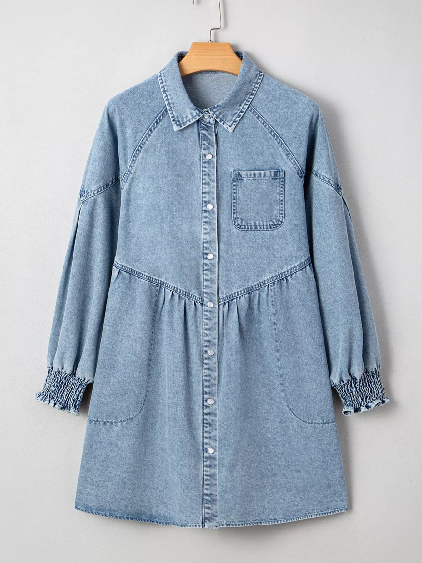 Smocked Cuffs Flared Denim Shirt Mini Dress 
