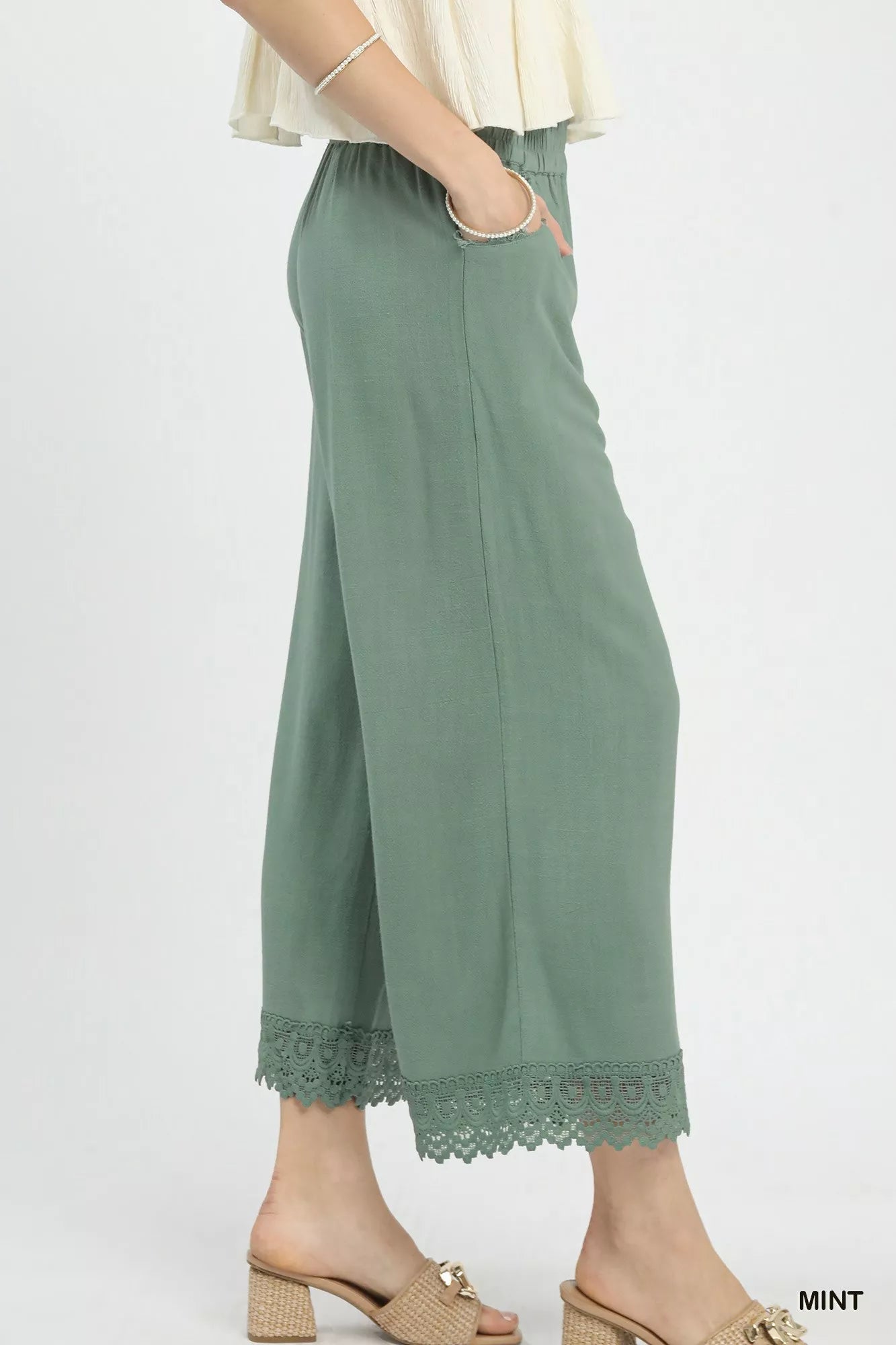 Umgee Linen Wide Leg Cropped Pants with Lace Trim 