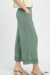 Umgee Linen Wide Leg Cropped Pants with Lace Trim 