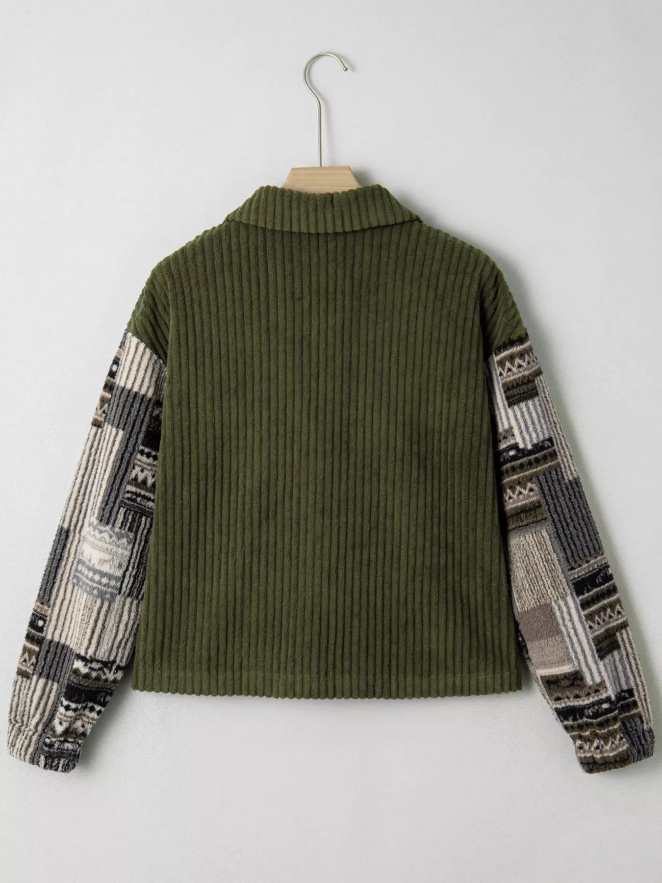 Ribbed Fleece Plaid Print Patchwork Button Up Jacket 