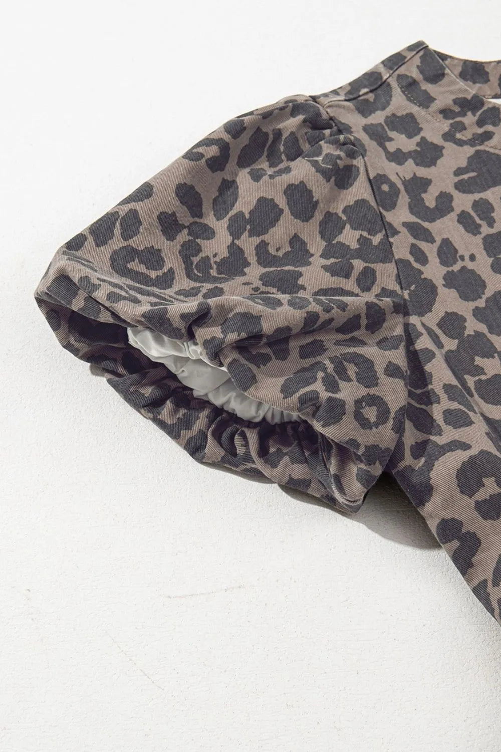 Leopard Round Neck Puff Sleeve Denim Dress 