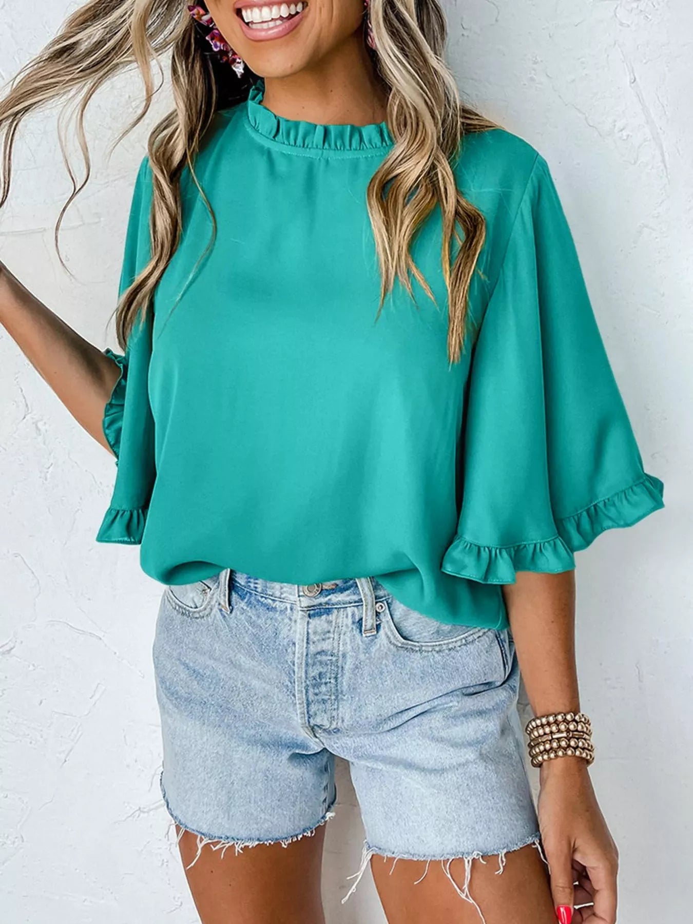 Ruffle Trim Half Sleeve Blouse 