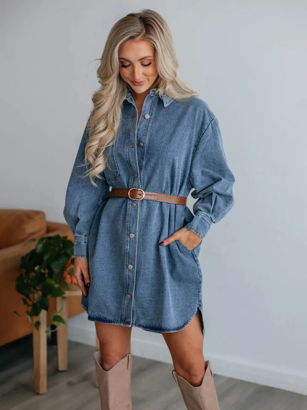 Button Up Collared Neck Long Sleeve Denim Dress 