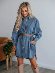 Button Up Collared Neck Long Sleeve Denim Dress 