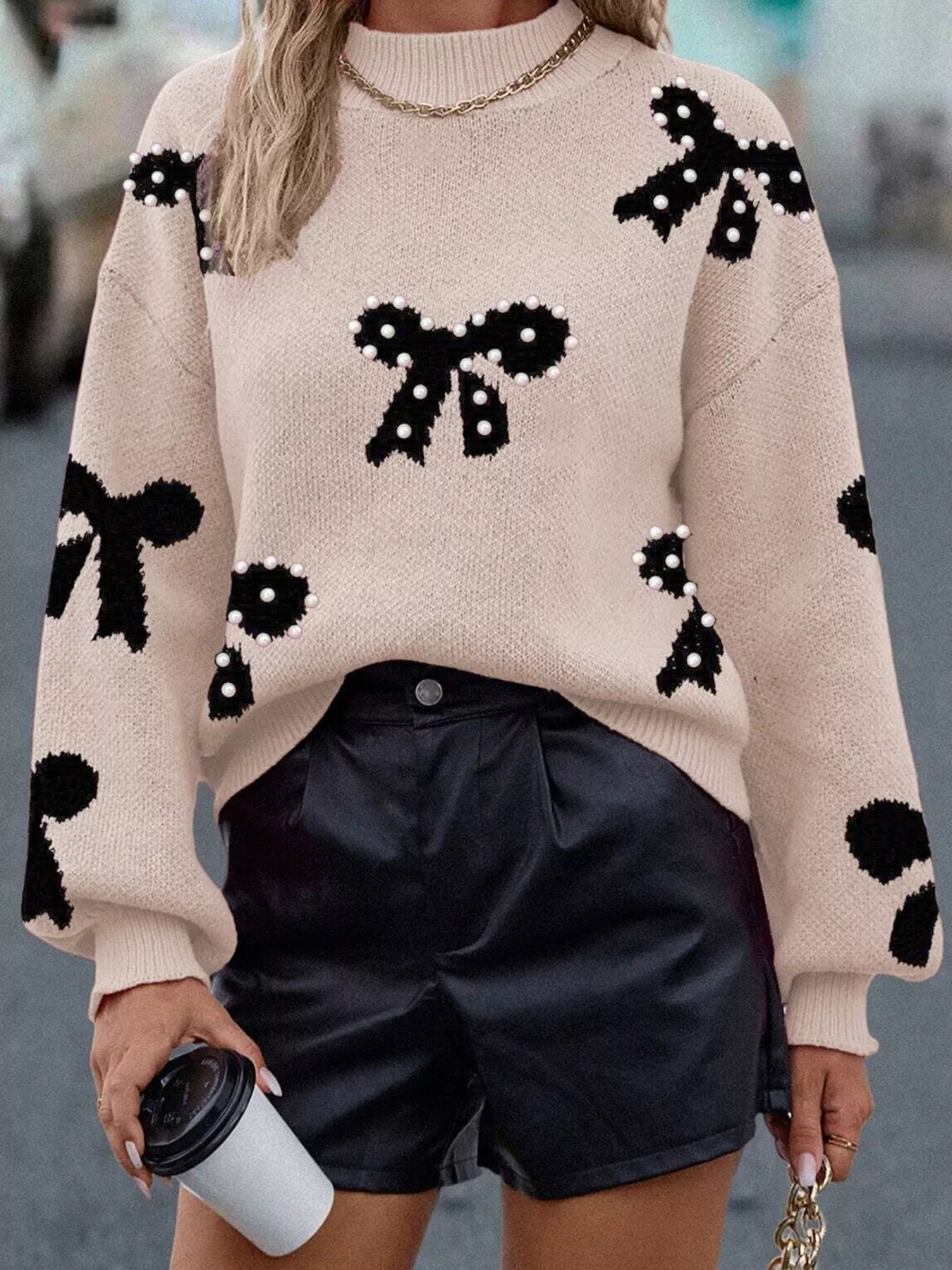 Pearl Embellished Bow Pattern Loose Sweater 