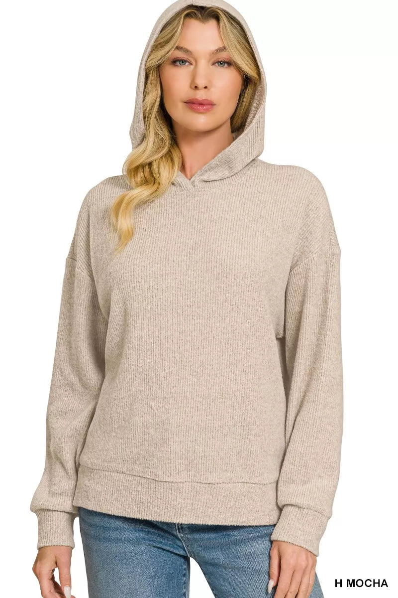 Zenana Brushed Ribbed Hacci Hoodie Pullover 