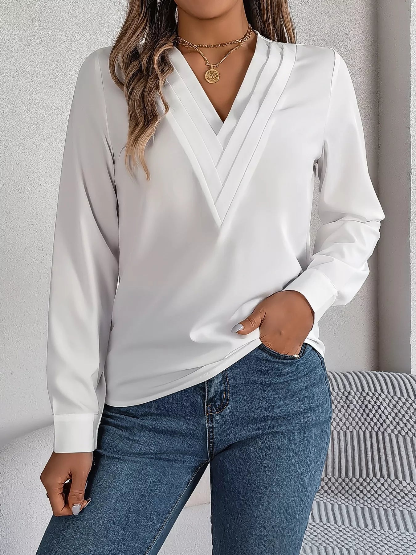 Layered V-Neck Long Sleeve Blouse 