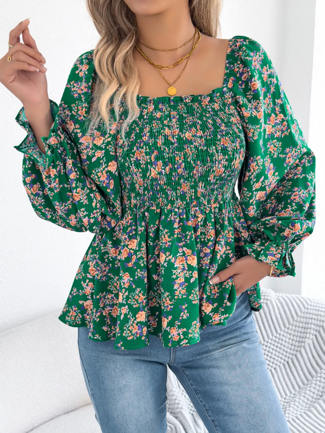 Floral Square Neck Flounce Sleeve Blouse 