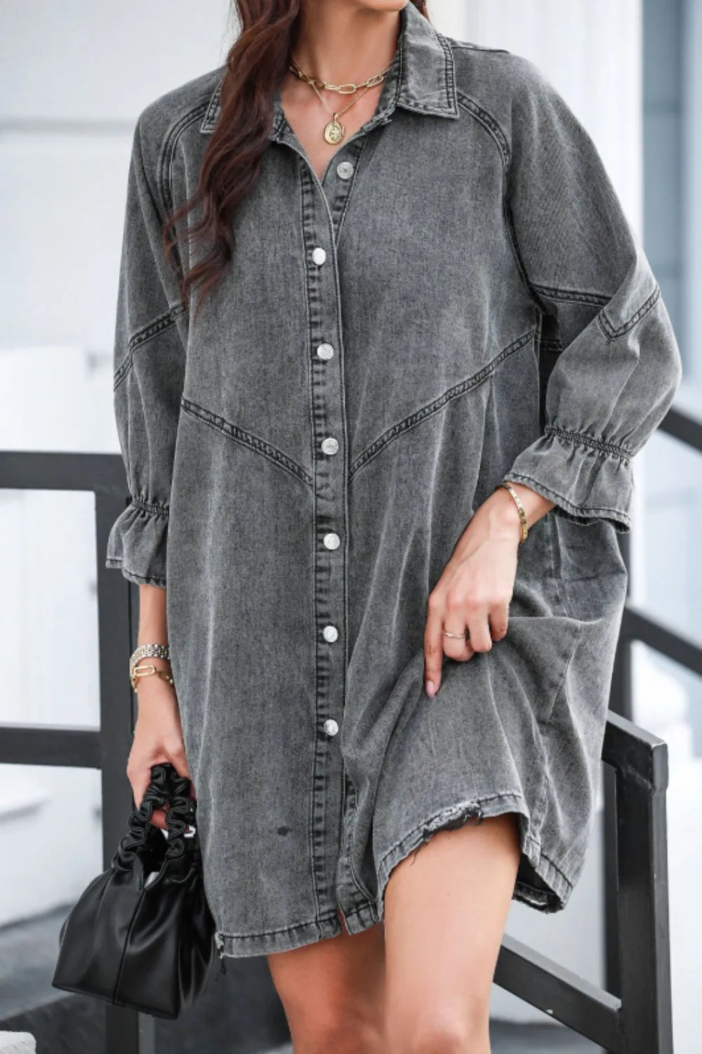 Distressed Collared Neck Flounce Sleeve Denim Dress 